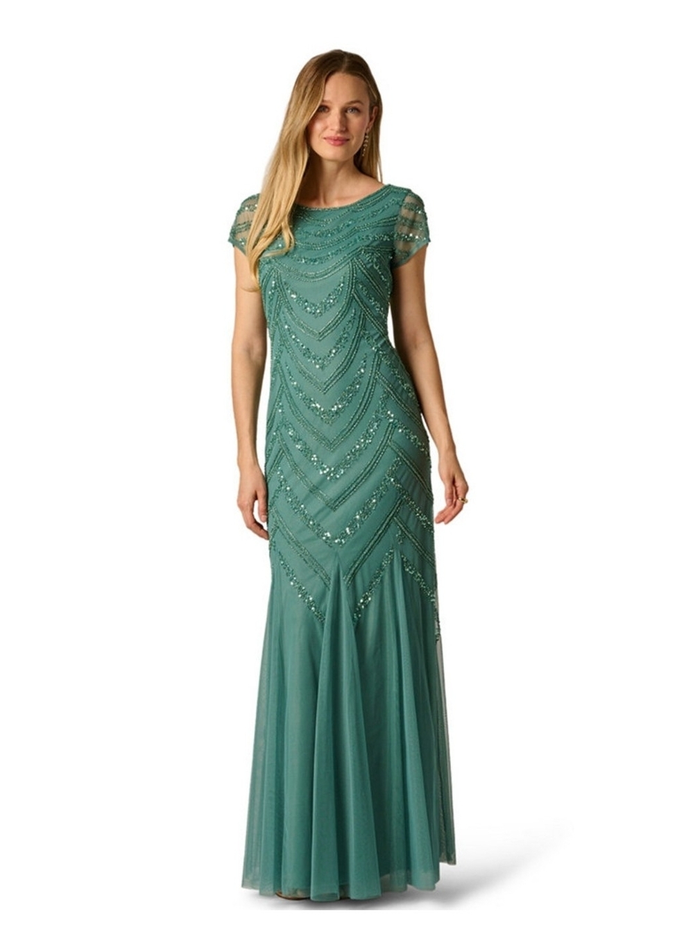 Adrianna Papell Dress Embellished Godet-Inset Teal Maxi Gown Size 4 (Damage)